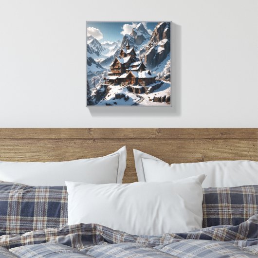 Winteralpine Lodge Canvas Print - Snowy Mountain Leinwanddruck (Insitu (Schlafzimmer))