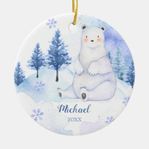 Winterbär Artics Tier Blaue Schneeflocken Berg Keramik Ornament