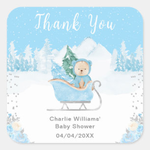 Winterbär Blau Schlitten Baby Shower Danke Quadratischer Aufkleber