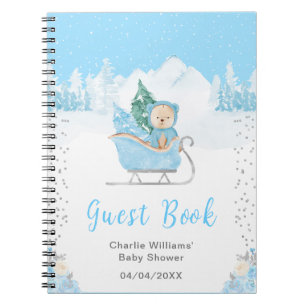 Winterbär Blau Schlitten Baby Shower Gästebuch Notizblock