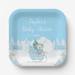 Winterbär Blaue Schlitten-Baby-Party Pappteller