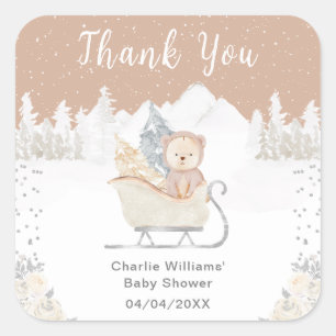 Winterbär Braun Schlitten Baby Shower Danke Quadratischer Aufkleber