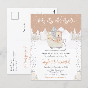 Winterbär Braun Schlitten Babyparty Postkarte