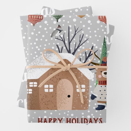 Winterbär, frohe Weihnachten und Schneeflocken Geschenkpapier Set (Beispiel)