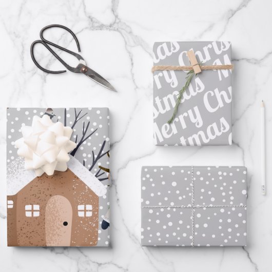 Winterbär, frohe Weihnachten und Schneeflocken Geschenkpapier Set (Vorderseite)