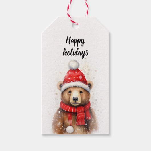 Winterbär in einem gemütlichen Red Hat Geschenkanhänger (Vorderseite)