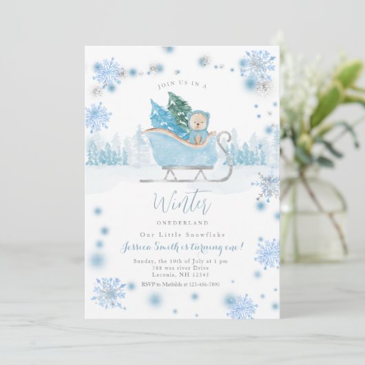 Winterbär Onederland 1. Geburtstag Einladung (Stehend Vorderseite)