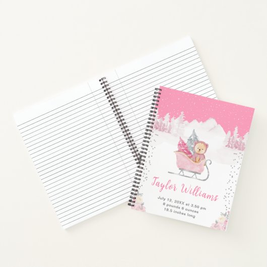 Winterbär Pink Sleigh Geburtsstatistik Notizblock (Innenseite)