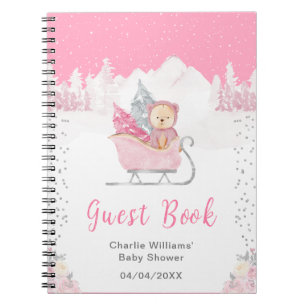 Winterbär Pinker Schlitten Baby Shower Gästebuch Notizblock