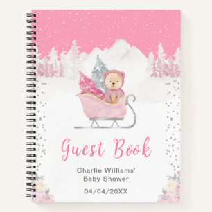 Winterbär Pinker Schlitten Baby Shower Gästebuch Notizblock