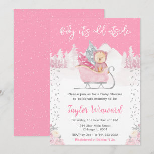 Winterbär Pinker Schlitten Babyparty Einladung