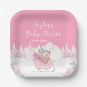 Winterbär Pinker Schlitten Babyparty Pappteller