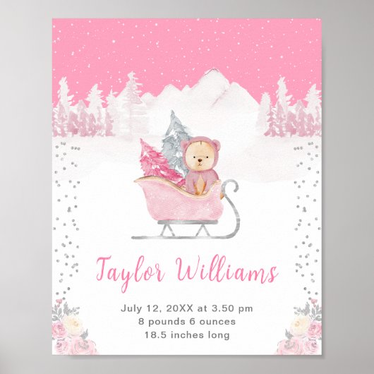 Winterbär Rosa Schlitten Geburtsstatistik Poster (Vorne)