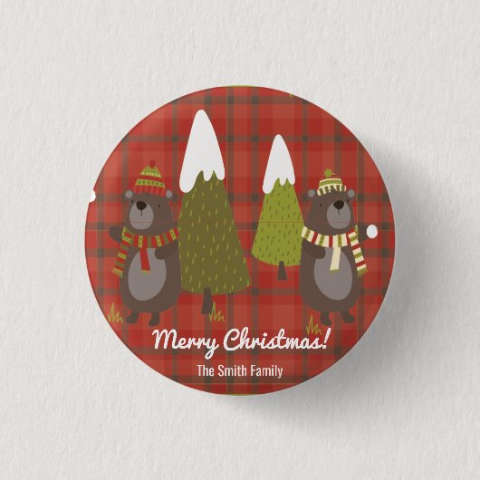 Winterbär Weißer Weihnachtsbüffel Kariert Button (Vorderseite)
