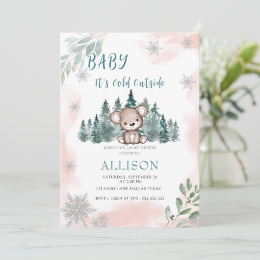 Winterbärenschneeflocken Rosa Kinderdusche Einladung (Stehend Vorderseite)