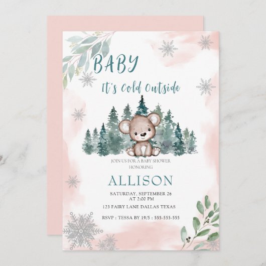 Winterbärenschneeflocken Rosa Kinderdusche Einladung (Vorne/Hinten)