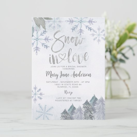 Winterbaum Schneeflocken Schnee in Liebe Brautpart Einladung (Stehend Vorderseite)