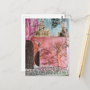 Winterbaum- und Gebäude-Mixed-Media-Collage Postkarte