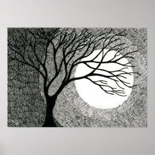 Winterbaum und Mond in Schwarz und Weiß Poster