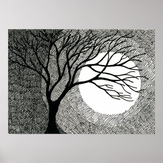 Winterbaum und Mond in Schwarz und Weiß Poster (Vorne)