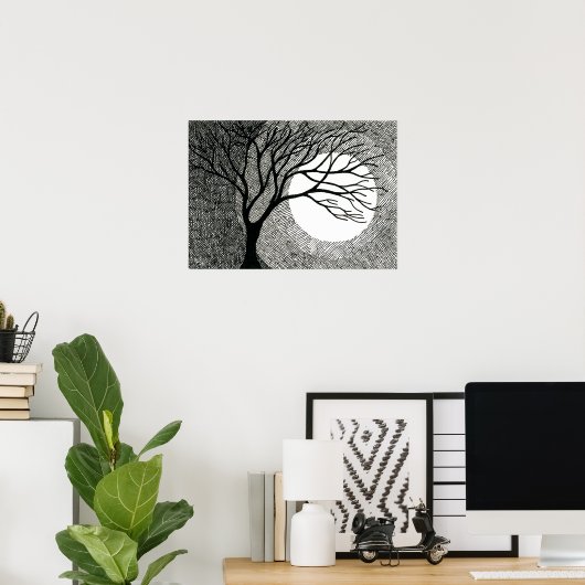 Winterbaum und Mond in Schwarz und Weiß Poster (Heimbüro)