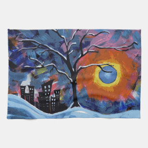 Winterbaum und Stadtlampen Originelles Kunstwerk Geschirrtuch