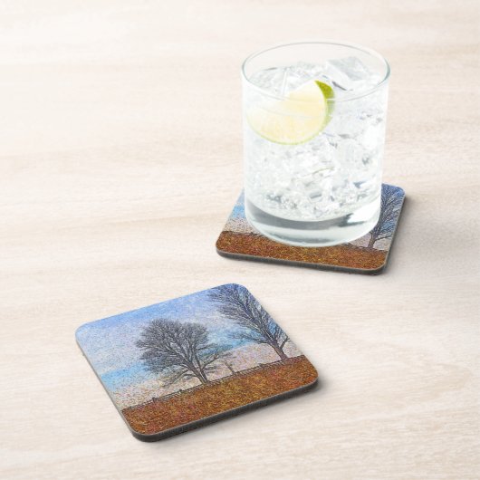 Winterbäume & Bauernhäuser Landschaft Kunst, Dicht Untersetzer (Rechte Seite)