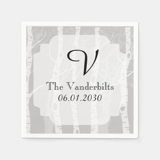 Winterbäume in der grauen Monogramm-Hochzeit Serviette (Vorderseite)