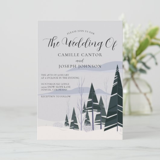 Winterbäume Moderne Hochzeit im Schneewald Einladung (Stehend Vorderseite)