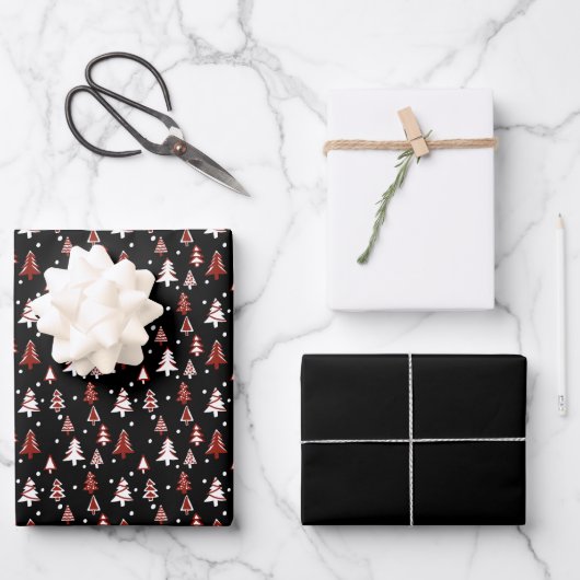 Winterbäume Roter Schwarz-weißer Schnee Geschenkpapier Set (Vorderseite)