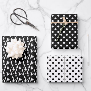 Winterbäume Schwarz-weiße Schneepolka-Punkte Geschenkpapier Set