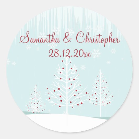 Winterbäume und Schneeflocken Hochzeit Runder Aufkleber (Vorderseite)