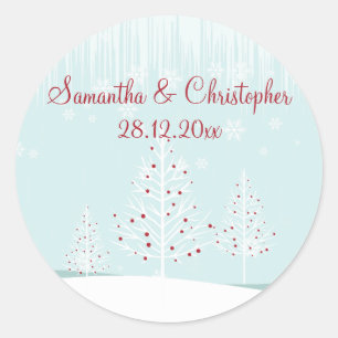 Winterbäume und Schneeflocken Hochzeit Runder Aufkleber