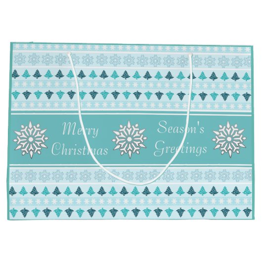Winterbäume und Schneeflocken Muster Blau Große Geschenktüte (Rückseite)