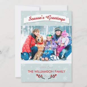 Winterbeeren Eisblau mit Schneeflocken und Foto Feiertagskarte