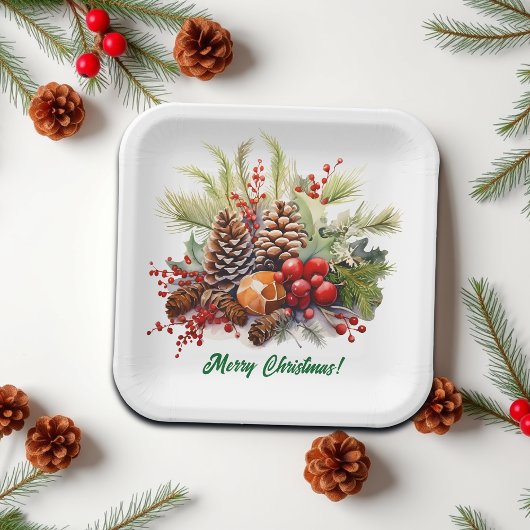 Winterbeeren Grünzeug Zapfen Pappteller