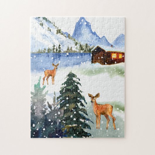 Winterberghütte mit Hirsch Puzzle (Vertikal)