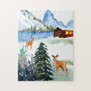 Winterbergkabine mit Hirschpuzzle Puzzle