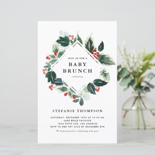 Winterberry Holly Greenery Baby Brunch Einladung (Stehend Vorderseite)