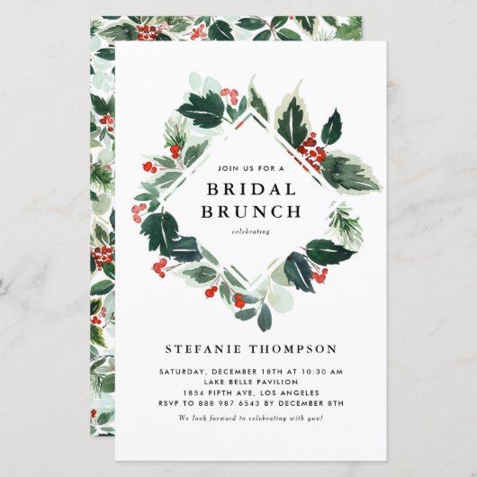 Winterberry Holly Greenery Bridal Brunch Einladung (Vorne/Hinten)