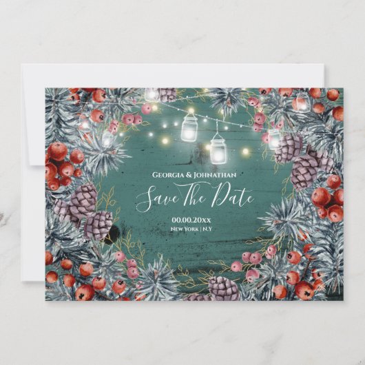 Winterberry-Kranz-Saitenleuchten Weihnachtsschein Save The Date (Vorderseite)