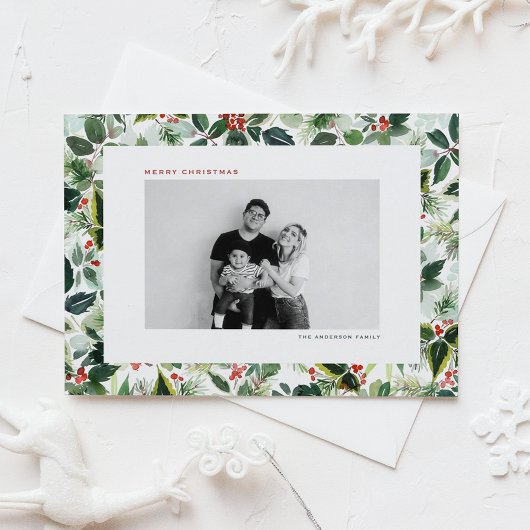 Winterberry und Variegated Blätter Foto Weihnachte Feiertagspostkarte