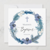 Winterblau Kranz Aquarell Taufe Einladung (Vorderseite)