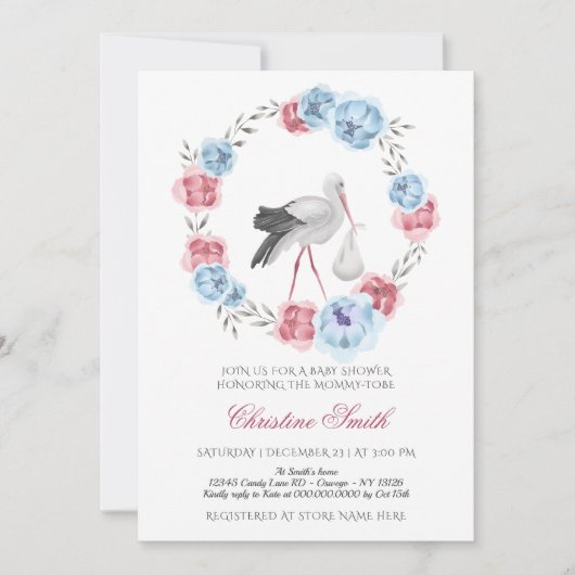 Winterblau und Rosa Blütendusche Einladung (Vorderseite)