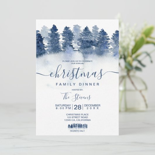 Winterblau-Wald-Aquarellschnee Weihnachtsschnee Einladung (Stehend Vorderseite)