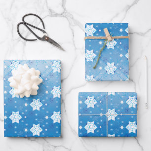 Winterblau-weiß-Schneeflocken-Muster Geschenkpapier Set