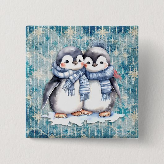 Winterblaue Aquarellpinguine mit Skarabäen Button (Vorderseite)