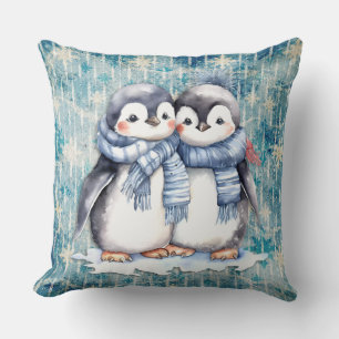 Winterblaue Aquarellpinguine mit Skarabäen Kissen