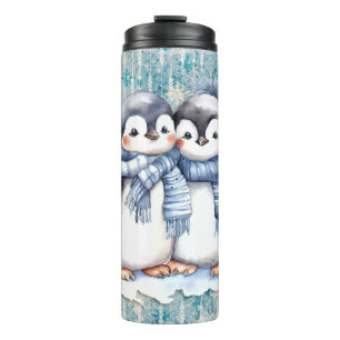 Winterblaue Aquarellpinguine mit Skarabäen Thermosbecher