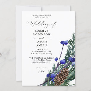 Winterblaue Beeren & Kiefern-Grün-Hochzeit Einladung